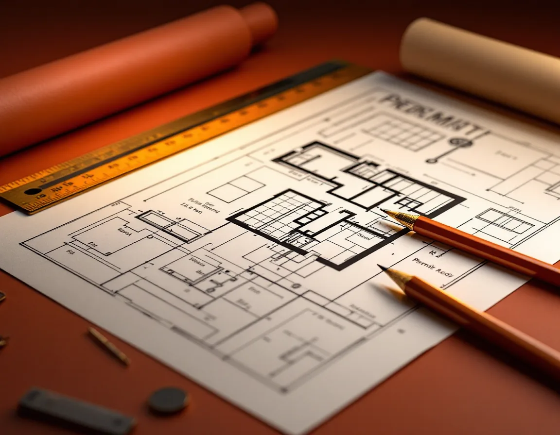 A dimensioned floor plan and framing detail on a drafting board with a scale ruler resting across it